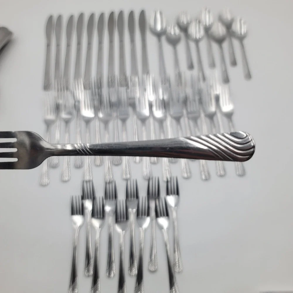 50pc Pfaltzgraff PFF100 Stainless Flatware Swirl Pattern Silverware